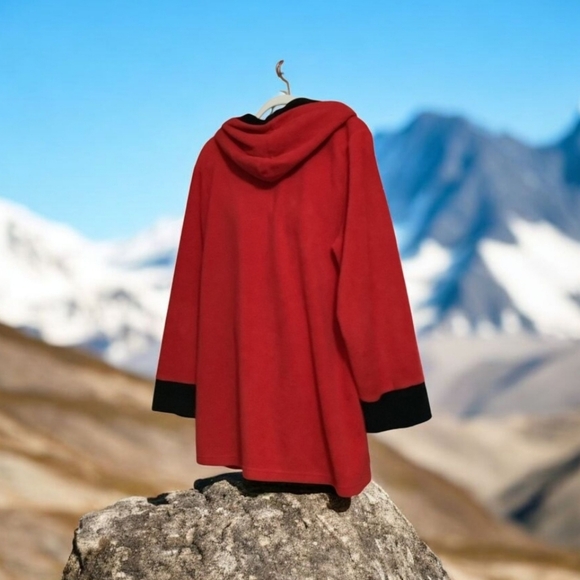 Polar Fleece Red And Blackk jacketed with hood size L black at end of sleeves🌹 - Picture 2 of 8